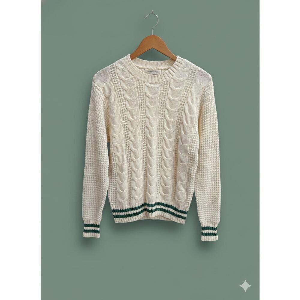 NEW American Eagle Women's Cream and Green Cable Knit Pullover Sweater XS